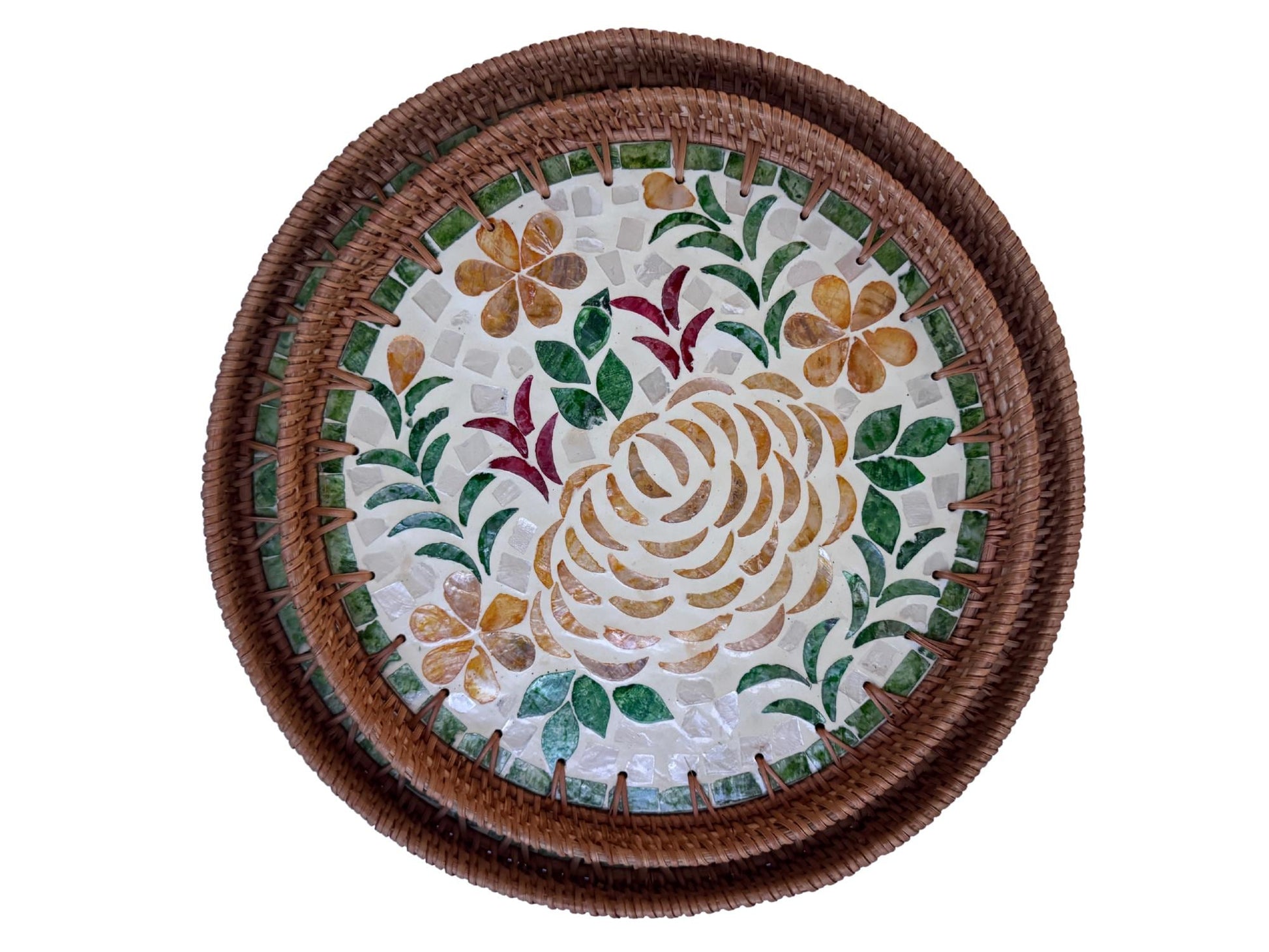 Natural Round Rattan Display Tray with Shell Inlay Base - Artisan Handmade Decor Tray for Coffee Table, Kitchen Serving, Made in Vietnam 27