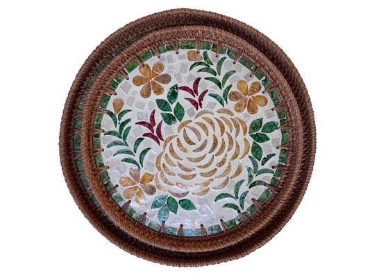 Natural Round Rattan Display Tray with Shell Inlay Base - Artisan Handmade Decor Tray for Coffee Table, Kitchen Serving, Made in Vietnam 27
