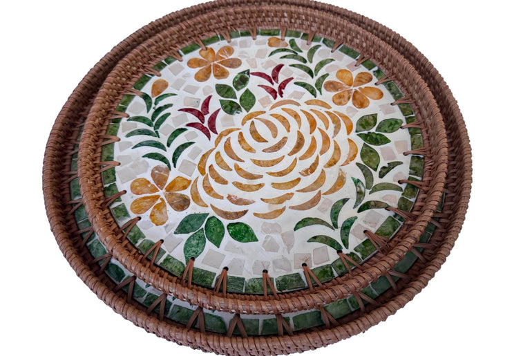 Natural Round Rattan Display Tray with Shell Inlay Base - Artisan Handmade Decor Tray for Coffee Table, Kitchen Serving, Made in Vietnam 27