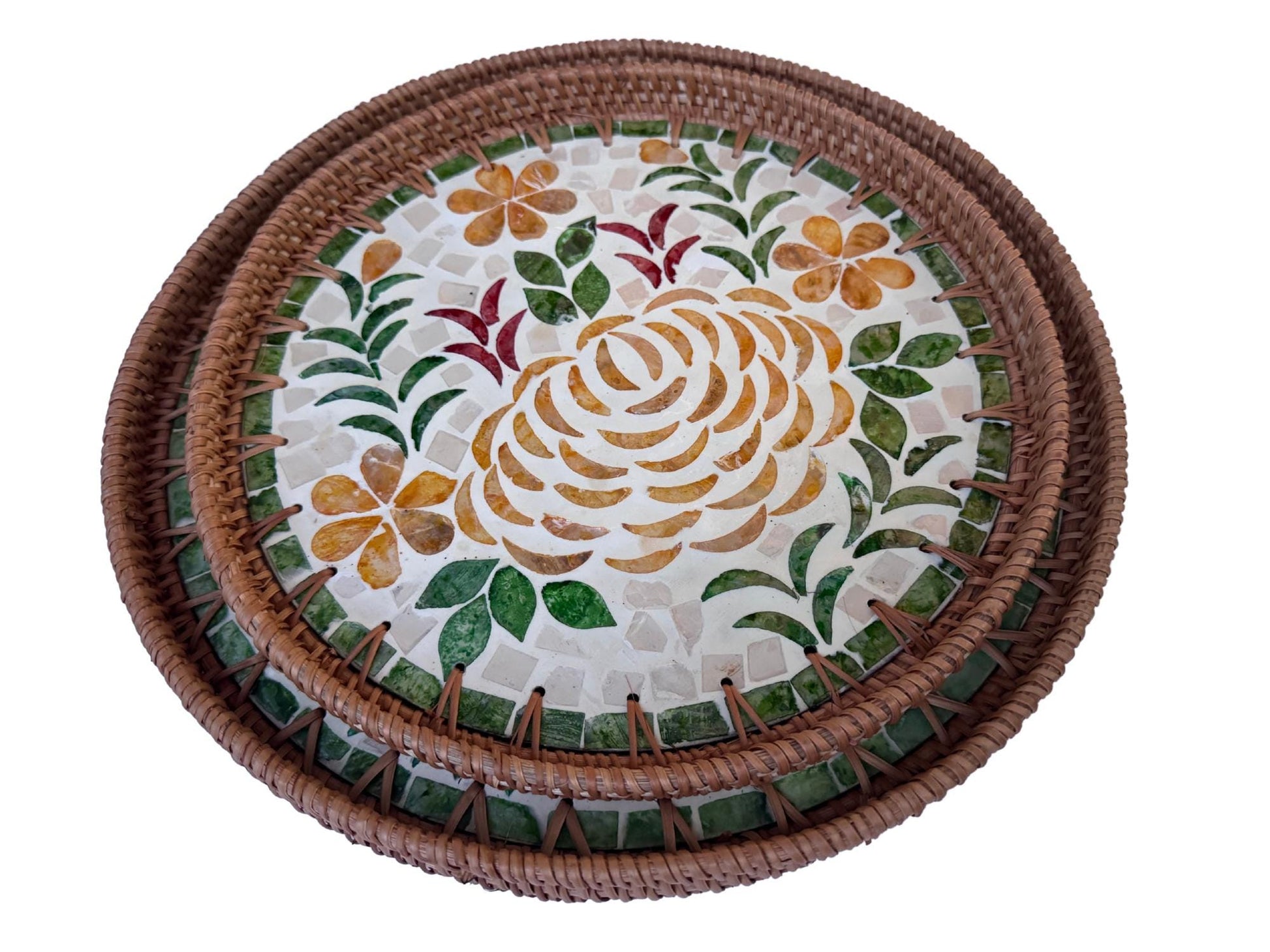 Natural Round Rattan Display Tray with Shell Inlay Base - Artisan Handmade Decor Tray for Coffee Table, Kitchen Serving, Made in Vietnam 27