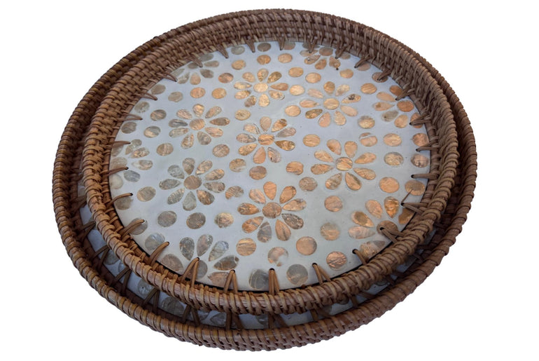 Natural Round Rattan Display Tray with Shell Inlay Base - Artisan Handmade Decor Tray for Coffee Table, Kitchen Serving, Made in Vietnam 26