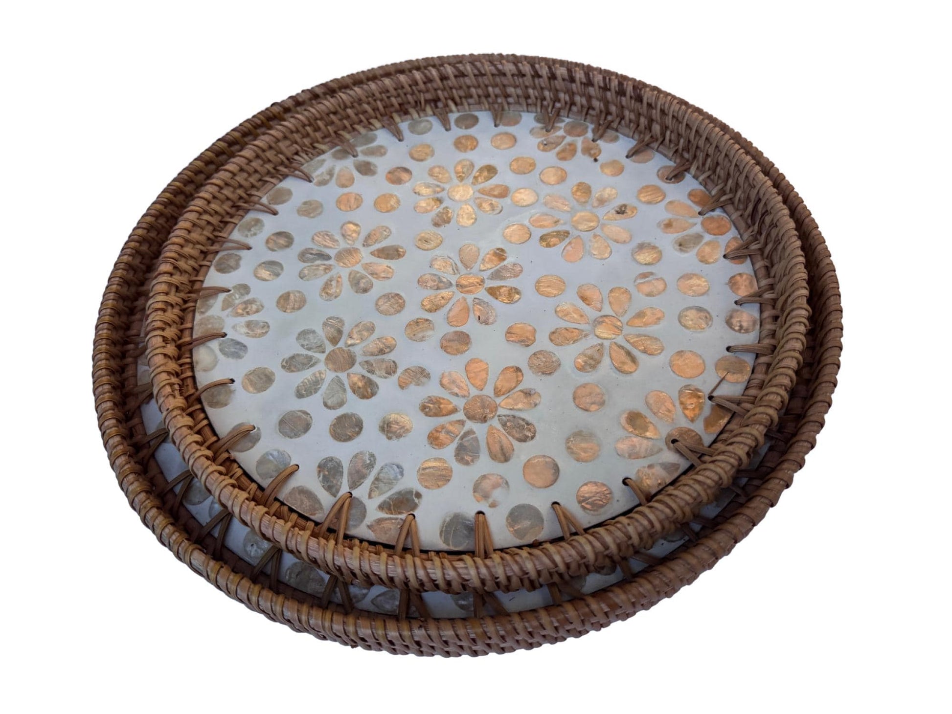 Natural Round Rattan Display Tray with Shell Inlay Base - Artisan Handmade Decor Tray for Coffee Table, Kitchen Serving, Made in Vietnam 26