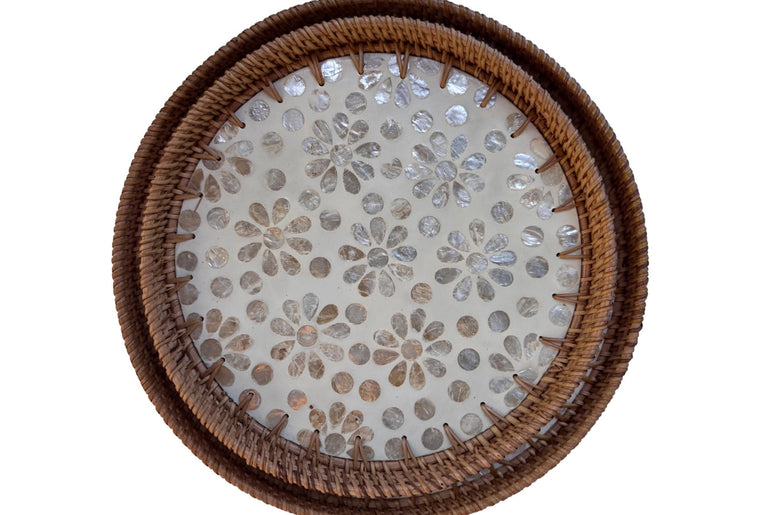 Natural Round Rattan Display Tray with Shell Inlay Base - Artisan Handmade Decor Tray for Coffee Table, Kitchen Serving, Made in Vietnam 26