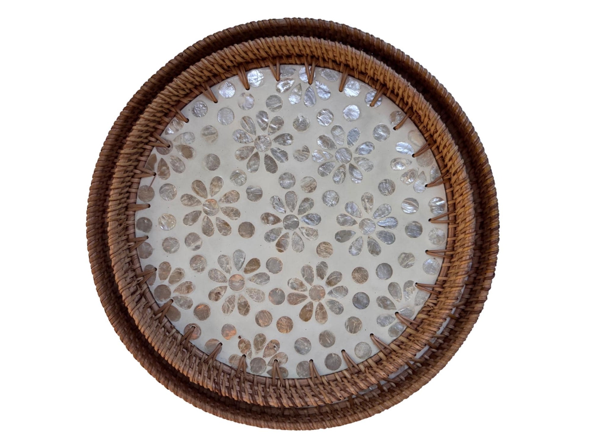 Natural Round Rattan Display Tray with Shell Inlay Base - Artisan Handmade Decor Tray for Coffee Table, Kitchen Serving, Made in Vietnam 26