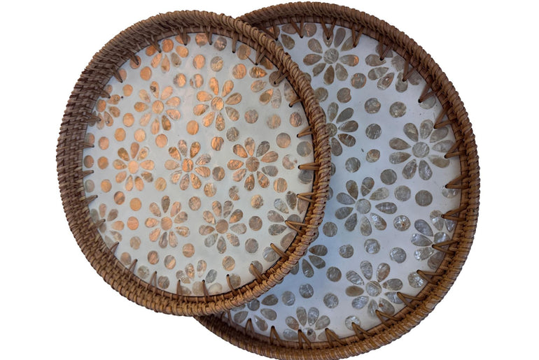 Natural Round Rattan Display Tray with Shell Inlay Base - Artisan Handmade Decor Tray for Coffee Table, Kitchen Serving, Made in Vietnam 26