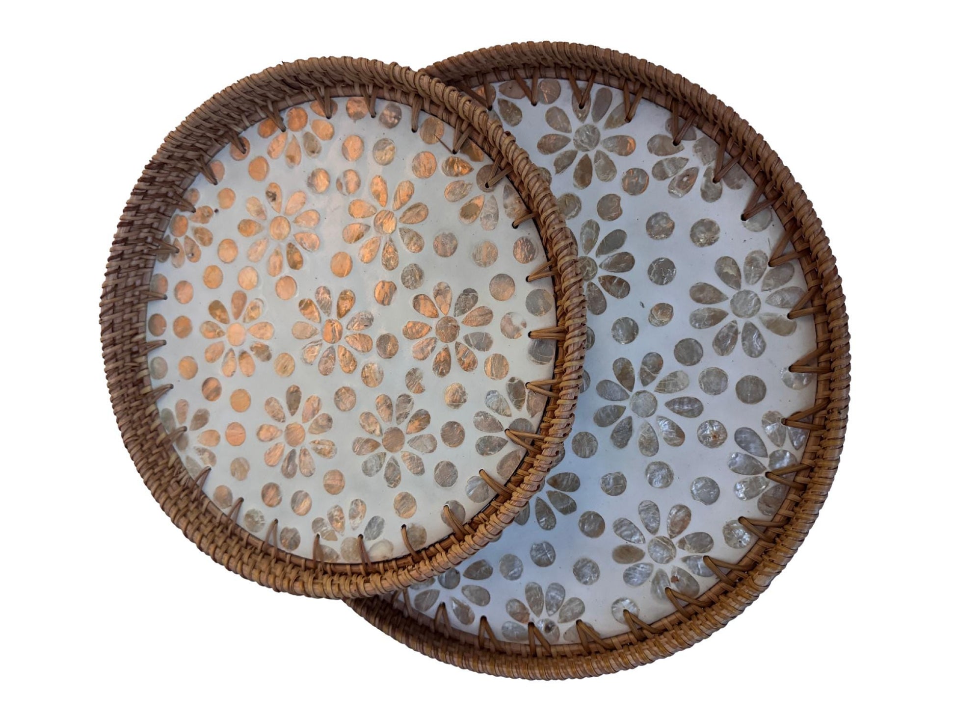 Natural Round Rattan Display Tray with Shell Inlay Base - Artisan Handmade Decor Tray for Coffee Table, Kitchen Serving, Made in Vietnam 26