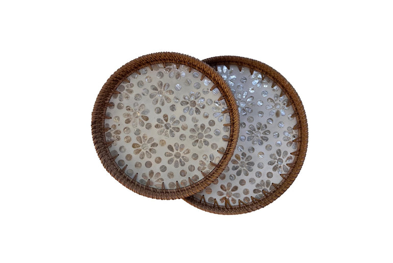 Natural Round Rattan Display Tray with Shell Inlay Base - Artisan Handmade Decor Tray for Coffee Table, Kitchen Serving, Made in Vietnam 26
