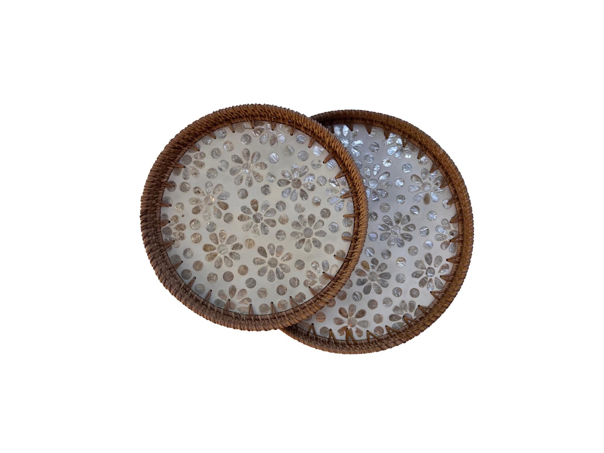 Natural Round Rattan Display Tray with Shell Inlay Base - Artisan Handmade Decor Tray for Coffee Table, Kitchen Serving, Made in Vietnam 26