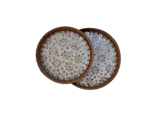 Natural Round Rattan Display Tray with Shell Inlay Base - Artisan Handmade Decor Tray for Coffee Table, Kitchen Serving, Made in Vietnam 26