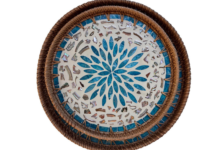 Natural Round Rattan Display Tray with Shell Inlay Base - Artisan Handmade Decor Tray for Coffee Table, Kitchen Serving, Made in Vietnam 25