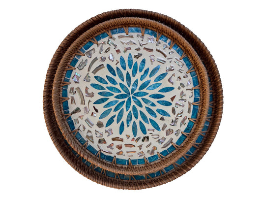 Natural Round Rattan Display Tray with Shell Inlay Base - Artisan Handmade Decor Tray for Coffee Table, Kitchen Serving, Made in Vietnam 25