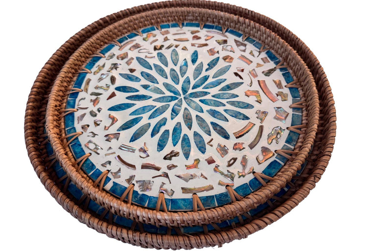 Natural Round Rattan Display Tray with Shell Inlay Base - Artisan Handmade Decor Tray for Coffee Table, Kitchen Serving, Made in Vietnam 25