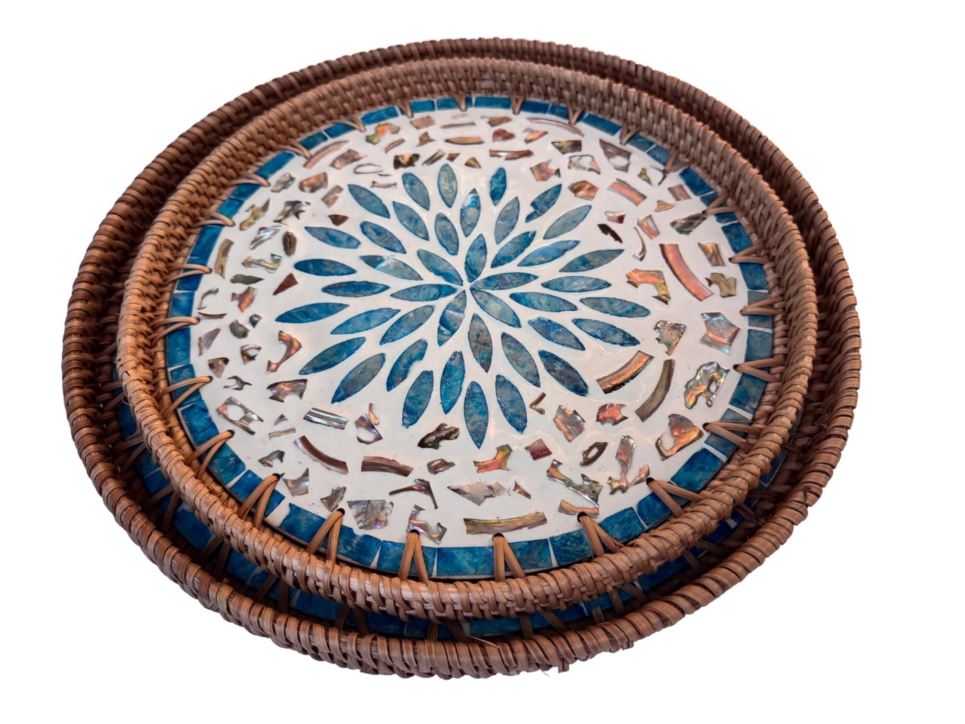 Natural Round Rattan Display Tray with Shell Inlay Base - Artisan Handmade Decor Tray for Coffee Table, Kitchen Serving, Made in Vietnam 25