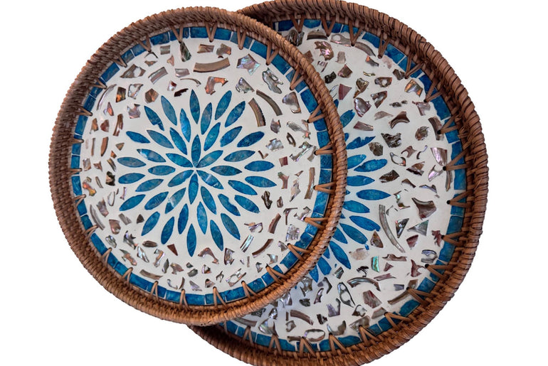 Natural Round Rattan Display Tray with Shell Inlay Base - Artisan Handmade Decor Tray for Coffee Table, Kitchen Serving, Made in Vietnam 25