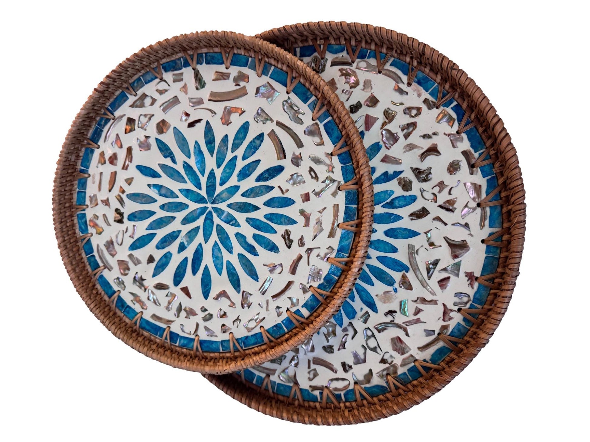 Natural Round Rattan Display Tray with Shell Inlay Base - Artisan Handmade Decor Tray for Coffee Table, Kitchen Serving, Made in Vietnam 25