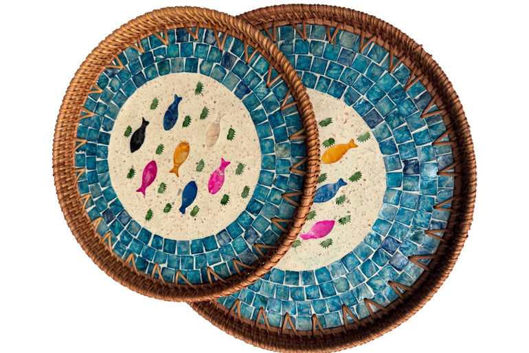 Natural Round Rattan Display Tray with Shell Inlay Base - Artisan Handmade Decor Tray for Coffee Table, Kitchen Serving, Made in Vietnam 24
