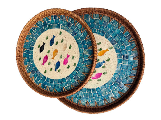 Natural Round Rattan Display Tray with Shell Inlay Base - Artisan Handmade Decor Tray for Coffee Table, Kitchen Serving, Made in Vietnam 24