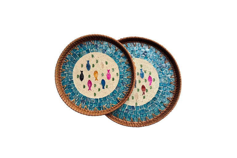 Natural Round Rattan Display Tray with Shell Inlay Base - Artisan Handmade Decor Tray for Coffee Table, Kitchen Serving, Made in Vietnam 24