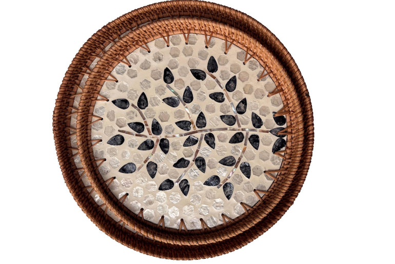 Natural Round Rattan Display Tray with Shell Inlay Base - Artisan Handmade Decor Tray for Coffee Table, Kitchen Serving, Made in Vietnam 21