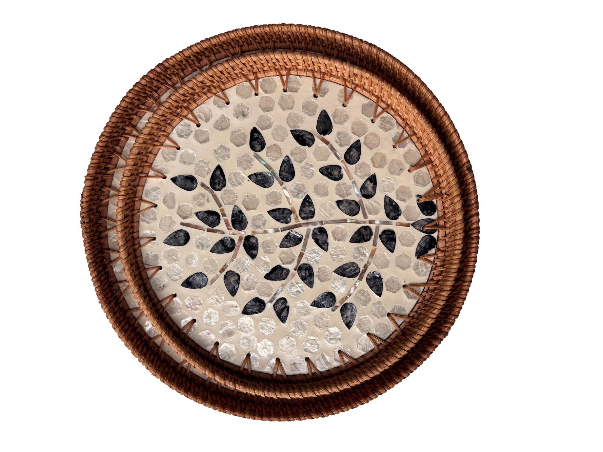 Natural Round Rattan Display Tray with Shell Inlay Base - Artisan Handmade Decor Tray for Coffee Table, Kitchen Serving, Made in Vietnam 21