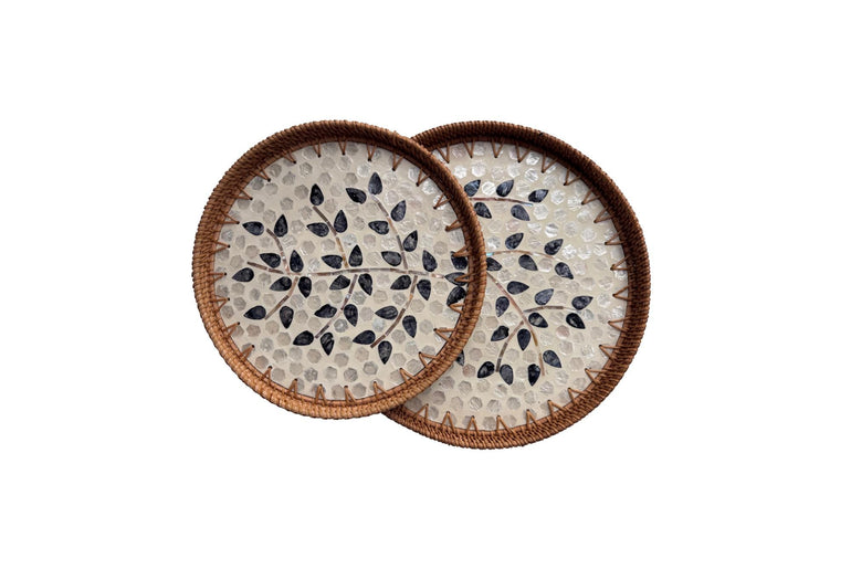 Natural Round Rattan Display Tray with Shell Inlay Base - Artisan Handmade Decor Tray for Coffee Table, Kitchen Serving, Made in Vietnam 21