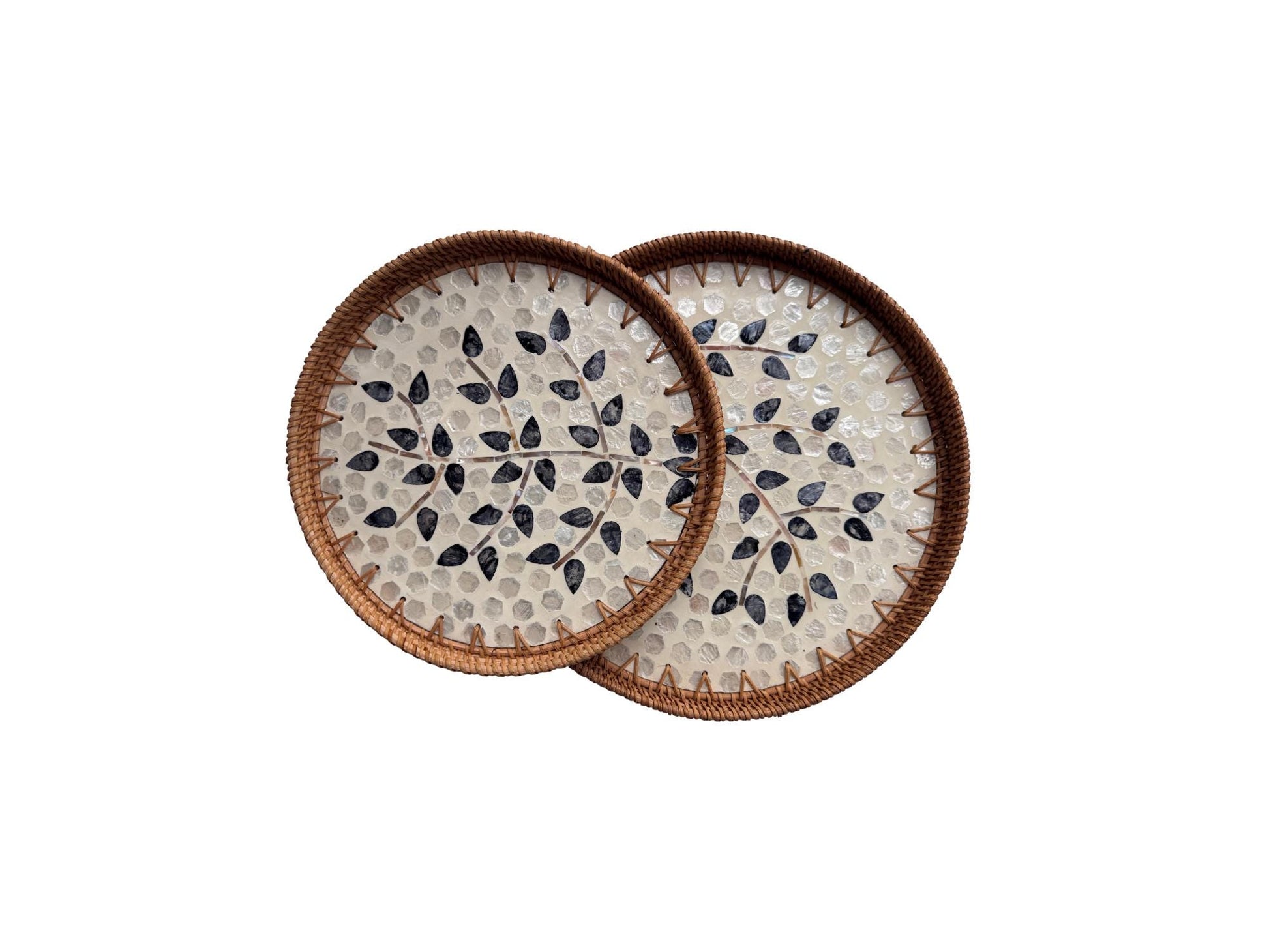 Natural Round Rattan Display Tray with Shell Inlay Base - Artisan Handmade Decor Tray for Coffee Table, Kitchen Serving, Made in Vietnam 21