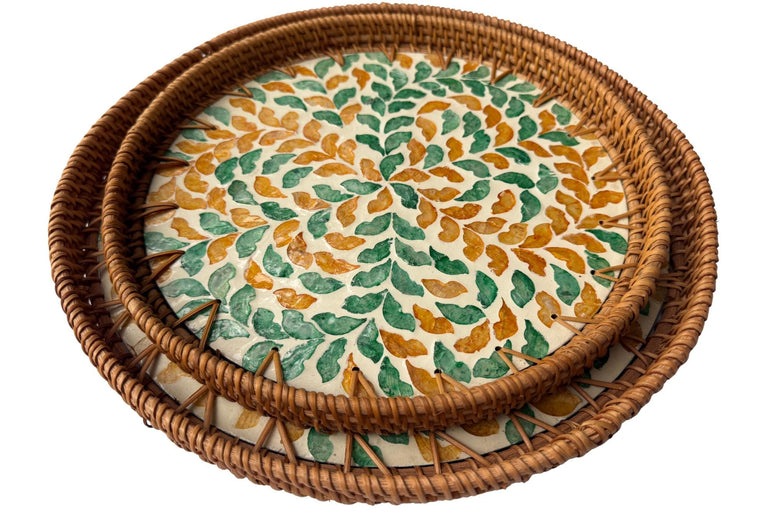 Natural Round Rattan Display Tray with Shell Inlay Base - Artisan Handmade Decor Tray for Coffee Table, Kitchen Serving, Made in Vietnam 23