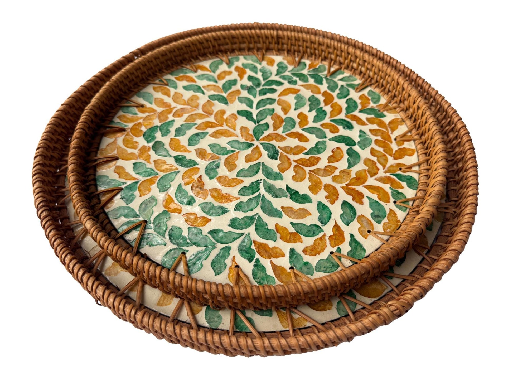 Natural Round Rattan Display Tray with Shell Inlay Base - Artisan Handmade Decor Tray for Coffee Table, Kitchen Serving, Made in Vietnam 23