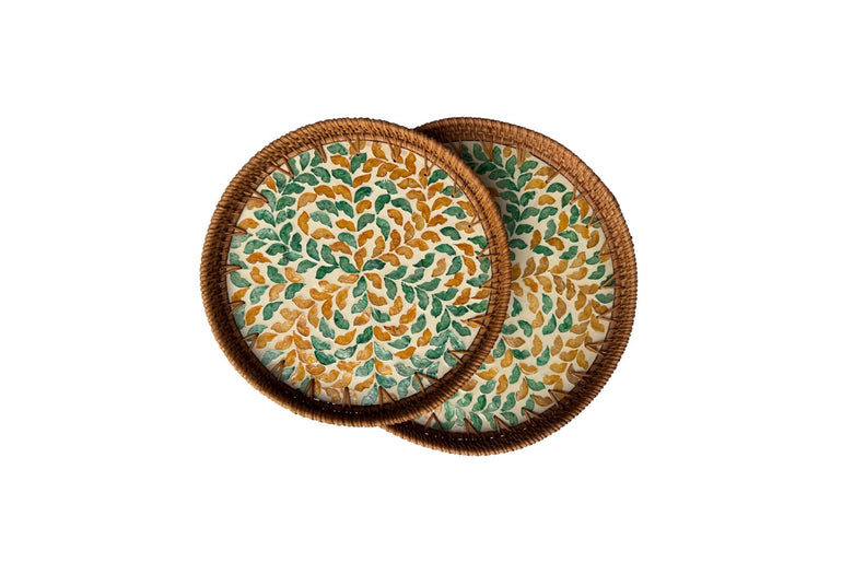 Natural Round Rattan Display Tray with Shell Inlay Base - Artisan Handmade Decor Tray for Coffee Table, Kitchen Serving, Made in Vietnam 23