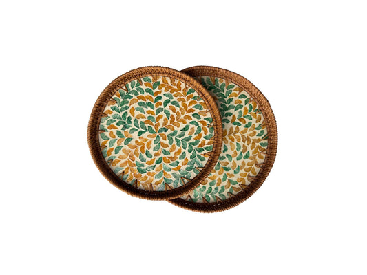 Natural Round Rattan Display Tray with Shell Inlay Base - Artisan Handmade Decor Tray for Coffee Table, Kitchen Serving, Made in Vietnam 23