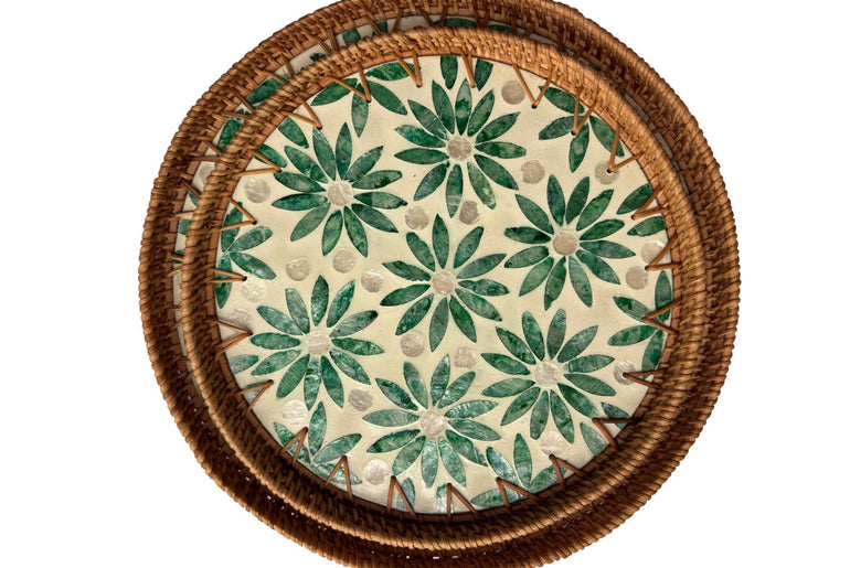 Natural Round Rattan Display Tray with Shell Inlay Base - Artisan Handmade Decor Tray for Coffee Table, Kitchen Serving, Made in Vietnam 18