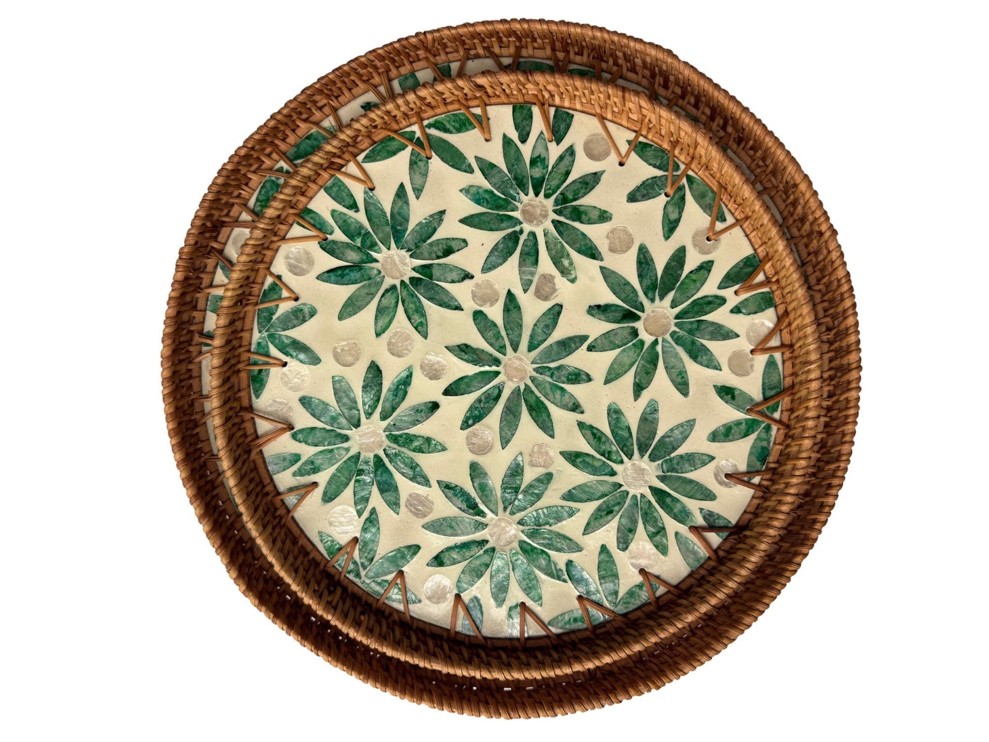 Natural Round Rattan Display Tray with Shell Inlay Base - Artisan Handmade Decor Tray for Coffee Table, Kitchen Serving, Made in Vietnam 18