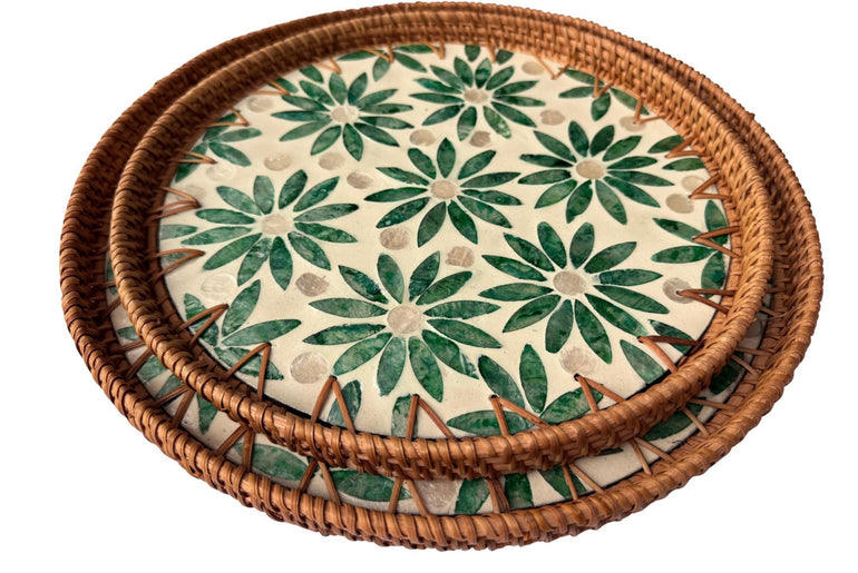 Natural Round Rattan Display Tray with Shell Inlay Base - Artisan Handmade Decor Tray for Coffee Table, Kitchen Serving, Made in Vietnam 18