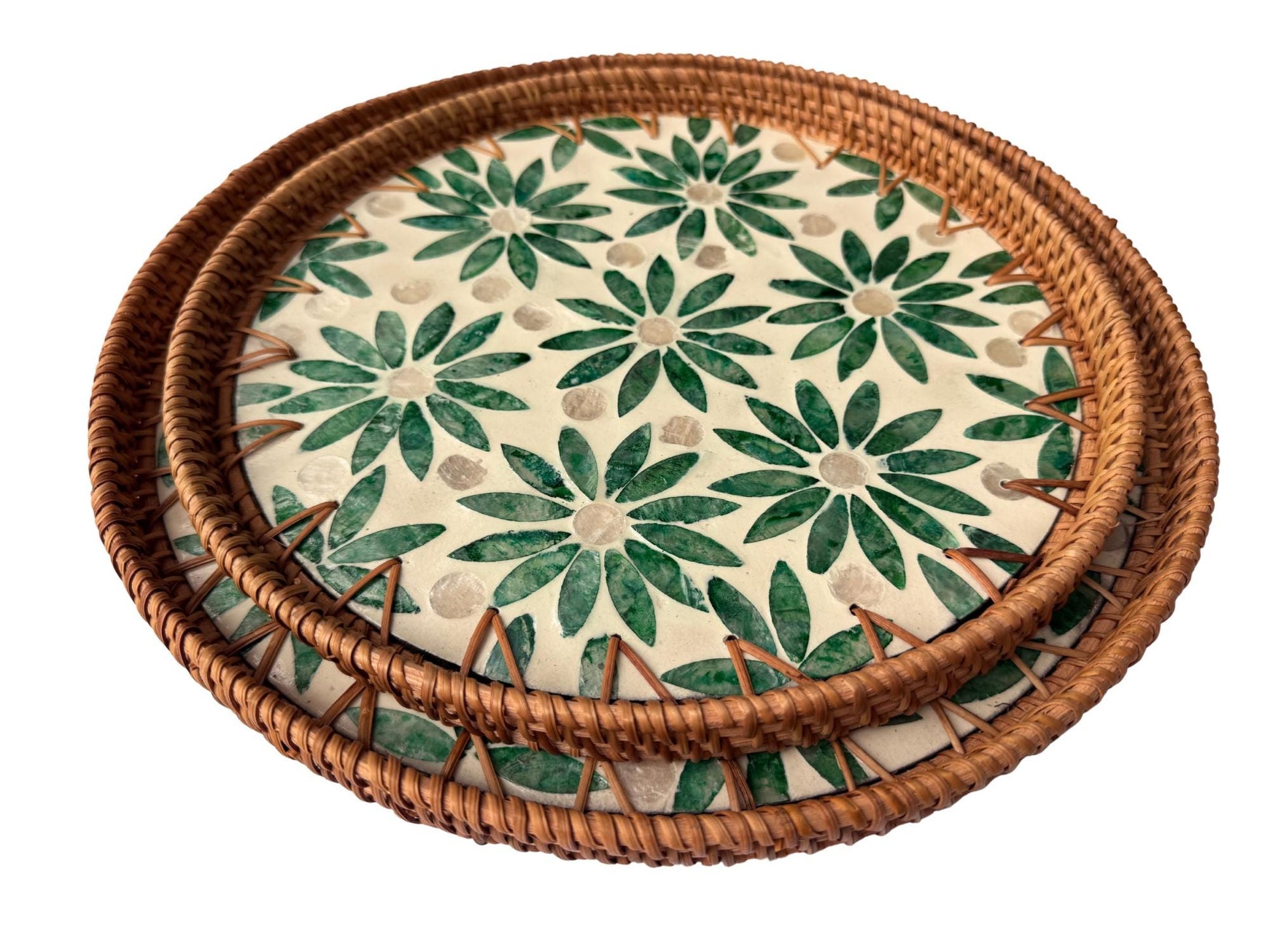 Natural Round Rattan Display Tray with Shell Inlay Base - Artisan Handmade Decor Tray for Coffee Table, Kitchen Serving, Made in Vietnam 18