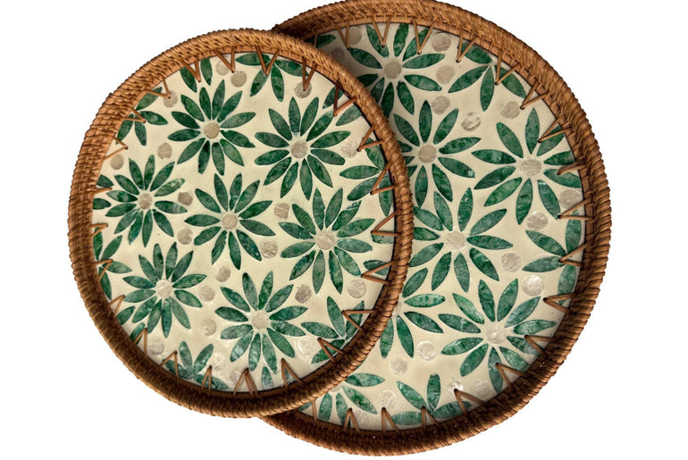 Natural Round Rattan Display Tray with Shell Inlay Base - Artisan Handmade Decor Tray for Coffee Table, Kitchen Serving, Made in Vietnam 18