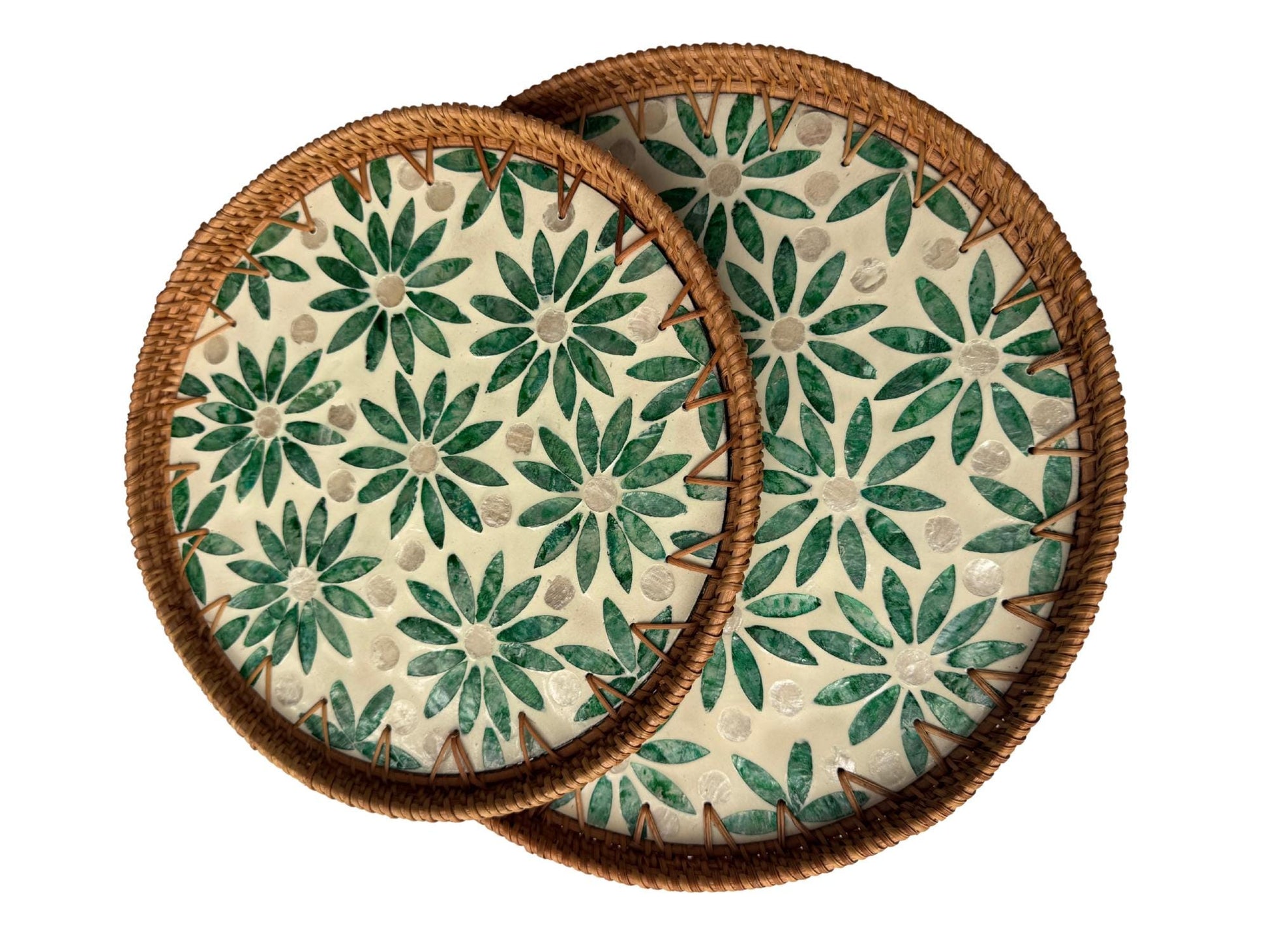 Natural Round Rattan Display Tray with Shell Inlay Base - Artisan Handmade Decor Tray for Coffee Table, Kitchen Serving, Made in Vietnam 18