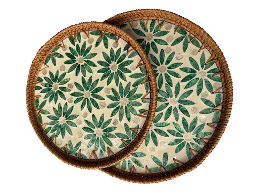 Natural Round Rattan Display Tray with Shell Inlay Base - Artisan Handmade Decor Tray for Coffee Table, Kitchen Serving, Made in Vietnam 18