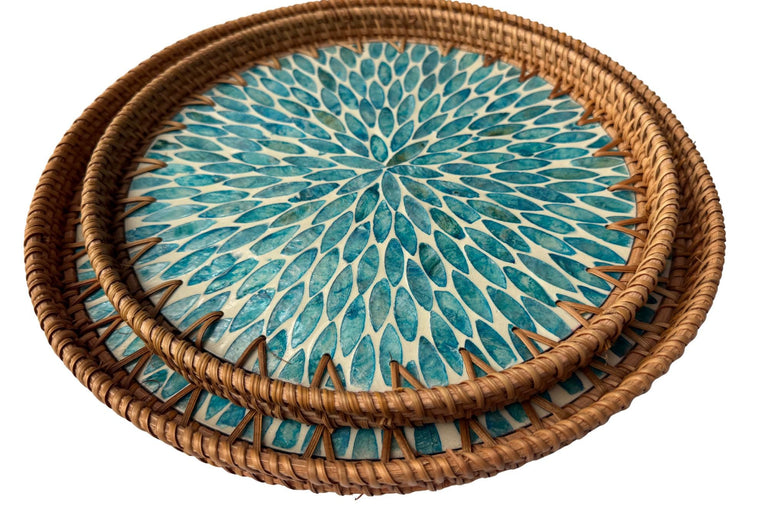 Natural Round Rattan Display Tray with Shell Inlay Base - Artisan Handmade Decor Tray for Coffee Table, Kitchen Serving, Made in Vietnam 143