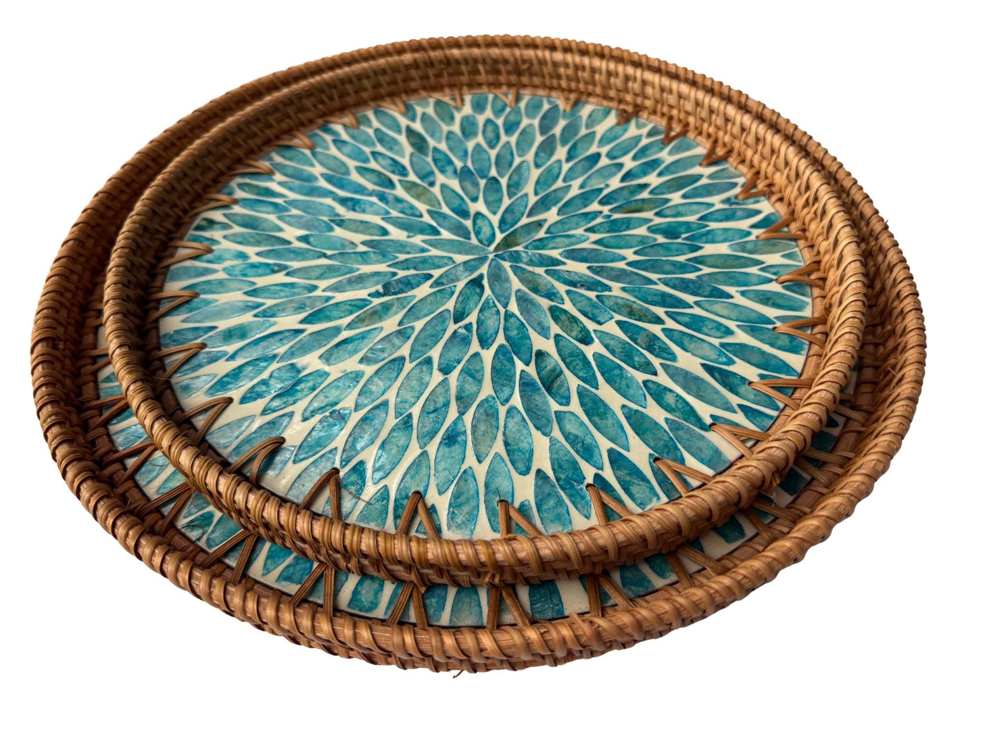 Natural Round Rattan Display Tray with Shell Inlay Base - Artisan Handmade Decor Tray for Coffee Table, Kitchen Serving, Made in Vietnam 143