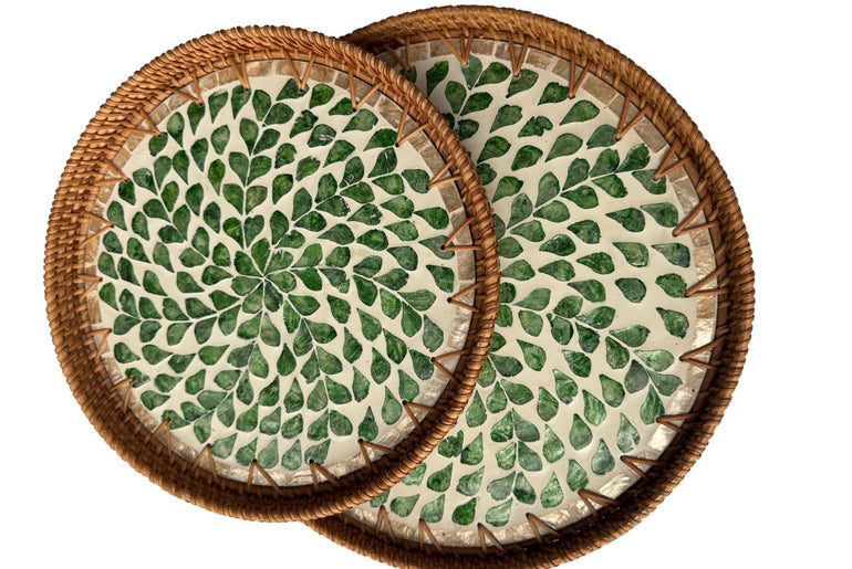 Natural Round Rattan Display Tray with Shell Inlay Base - Artisan Handmade Decor Tray for Coffee Table, Kitchen Serving, Made in Vietnam 30