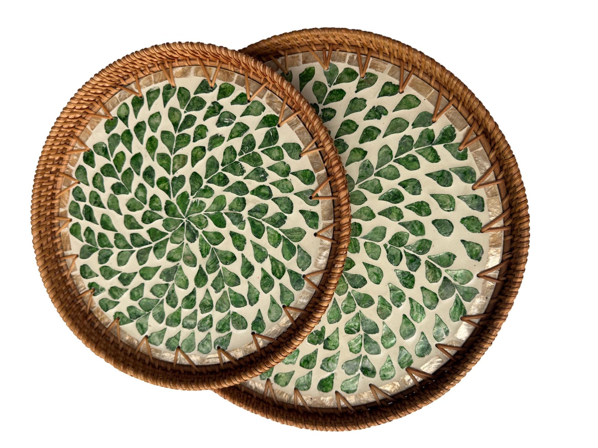 Natural Round Rattan Display Tray with Shell Inlay Base - Artisan Handmade Decor Tray for Coffee Table, Kitchen Serving, Made in Vietnam 30