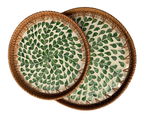 Natural Round Rattan Display Tray with Shell Inlay Base - Artisan Handmade Decor Tray for Coffee Table, Kitchen Serving, Made in Vietnam 30