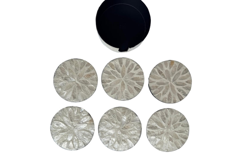 Mother of Pearl Round Coaster Set with Holder - Handmade Shell Drink Coasters, Decorative Table Coasters, Unique Gift Set 9