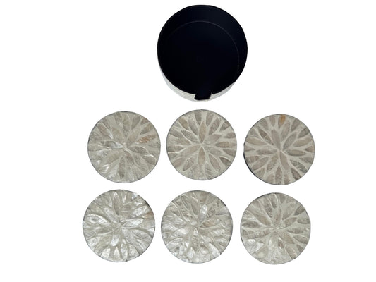 Mother of Pearl Round Coaster Set with Holder - Handmade Shell Drink Coasters, Decorative Table Coasters, Unique Gift Set 9