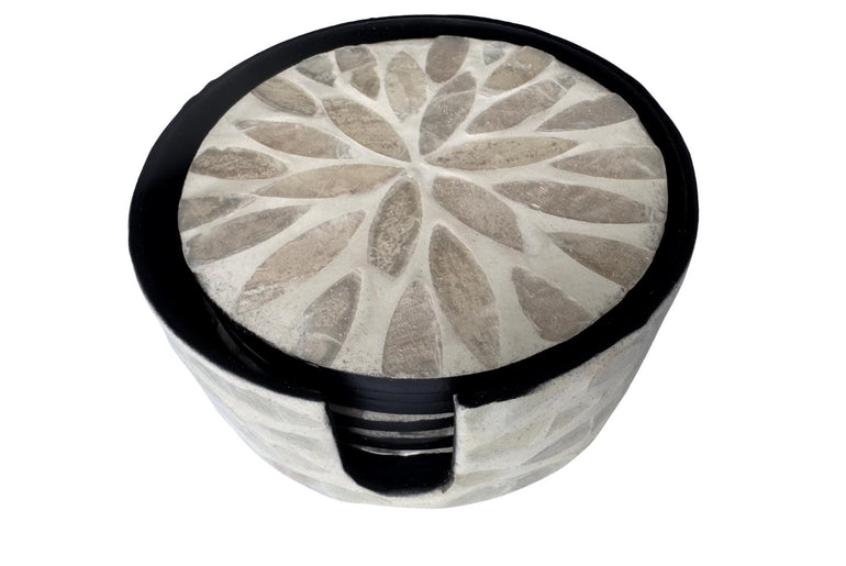 Mother of Pearl Round Coaster Set with Holder - Handmade Shell Drink Coasters, Decorative Table Coasters, Unique Gift Set 9