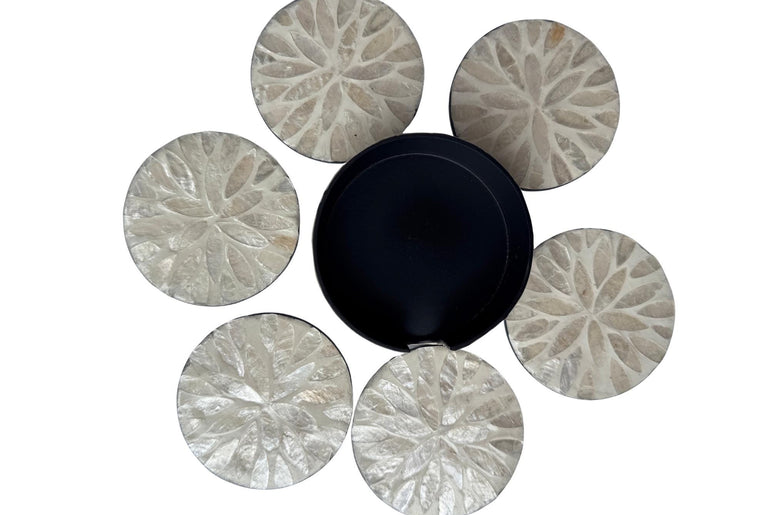 Mother of Pearl Round Coaster Set with Holder - Handmade Shell Drink Coasters, Decorative Table Coasters, Unique Gift Set 9
