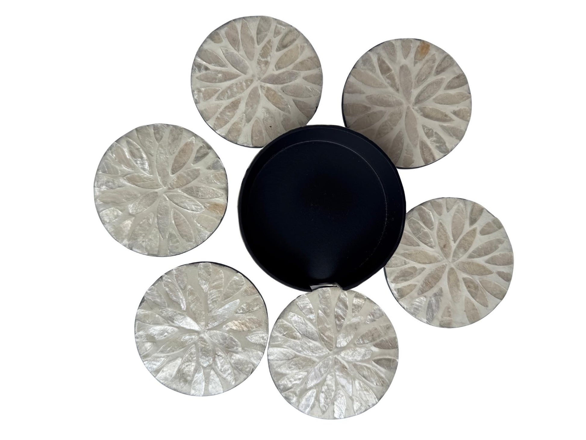 Mother of Pearl Round Coaster Set with Holder - Handmade Shell Drink Coasters, Decorative Table Coasters, Unique Gift Set 9