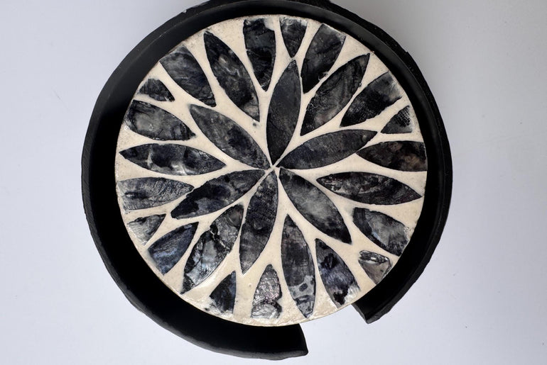 Mother of Pearl Round Coaster Set with Holder - Handmade Shell Drink Coasters, Decorative Table Coasters, Unique Gift Set 17