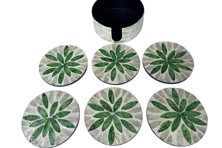 Mother of Pearl Round Coaster Set with Holder - Handmade Shell Drink Coasters, Decorative Table Coasters, Unique Gift Set 15