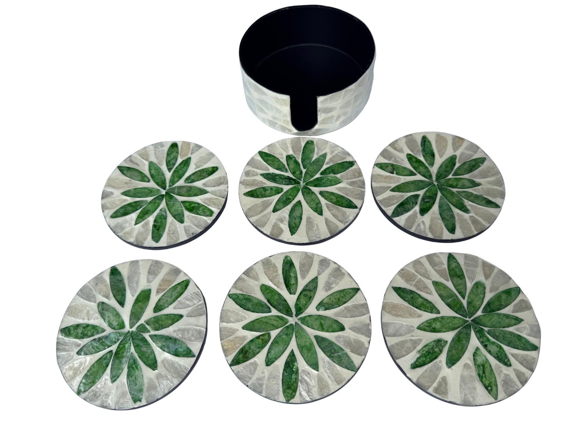 Mother of Pearl Round Coaster Set with Holder - Handmade Shell Drink Coasters, Decorative Table Coasters, Unique Gift Set 15